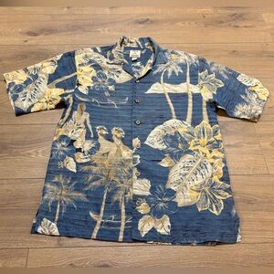 Tommy Bahama Vintage NUDE Beach Blue and Yellow Tropical Button Down Shirt Small
